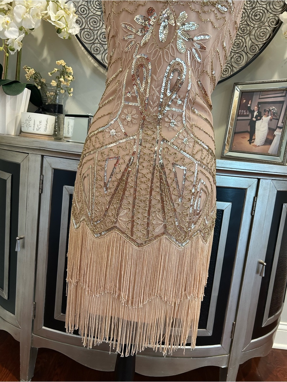 Vintage-Inspired Beaded Fringe Mini Dress in Blush Pink - Picture 8 of 14